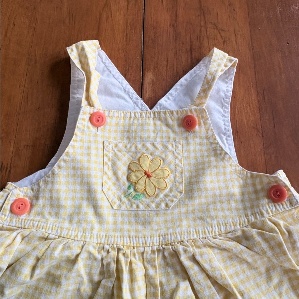 Vintage Kids Baby Girl Yellow Gingham Daisy Bubble Romper Overalls Size 18M - Picture 2 of 5